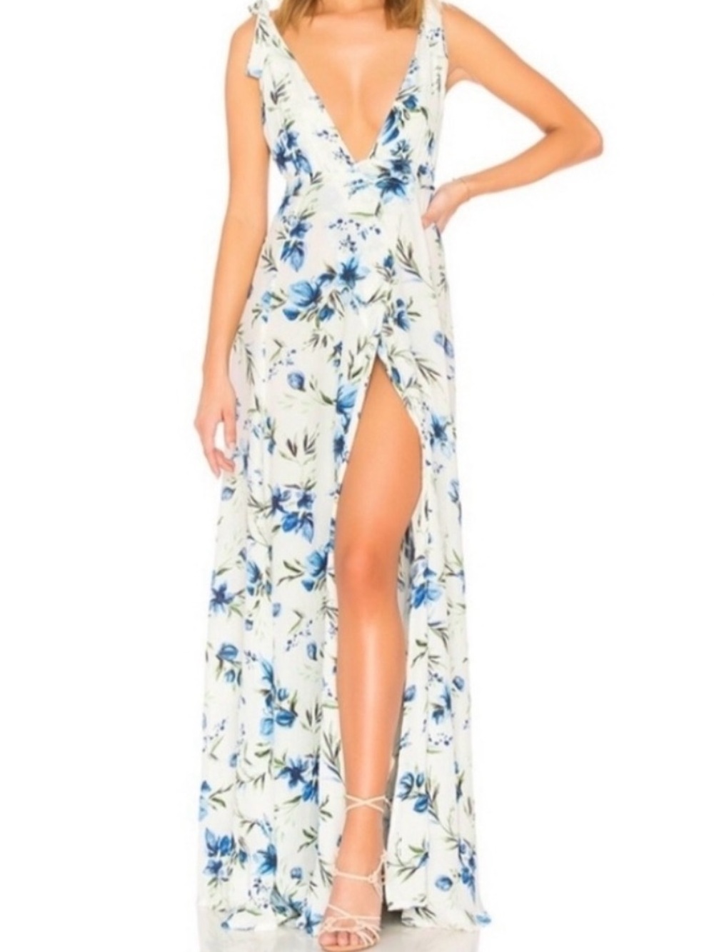 NWT Beach Riot Elodie Floral Maxi Wrap Dress High Slit Sleeveless Blue Small